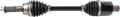 A car axle shaft with black rubber boots and metal clamps on both ends, featuring metallic splined ends for fitting into automotive components. The shaft is straight and cylindrical, designed for use in a vehicle drivetrain system.