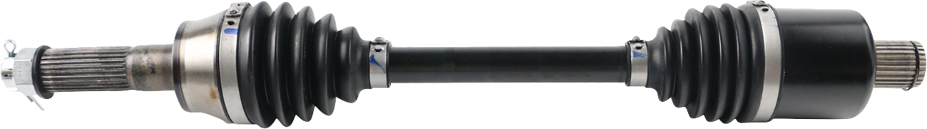 A car axle shaft with black rubber boots and metal clamps on both ends, featuring metallic splined ends for fitting into automotive components. The shaft is straight and cylindrical, designed for use in a vehicle drivetrain system.
