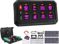 A black, rectangular LED switch panel with eight purple-lit buttons labeled for rack, whip, light cubes, fan, rock, pass, passtem, and horn; below it are wiring accessories, a fuse box, screws, labels, cables, and mounting hardware.