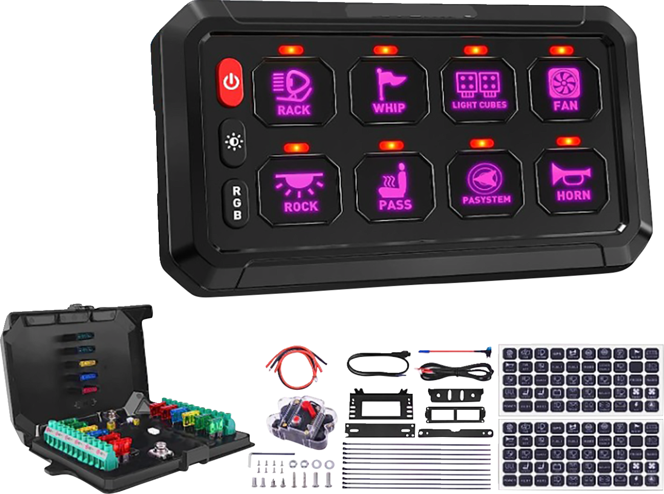 A black, rectangular LED switch panel with eight purple-lit buttons labeled for rack, whip, light cubes, fan, rock, pass, passtem, and horn; below it are wiring accessories, a fuse box, screws, labels, cables, and mounting hardware.