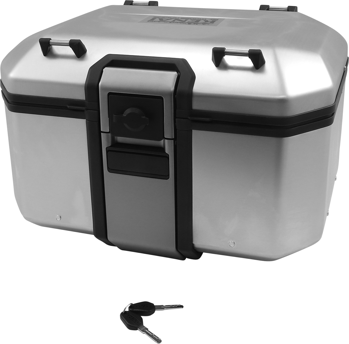 A silver, rectangular motorcycle top case with black trim and latch sits closed; two black keys rest on the white surface below, positioned near the front of the case. Four black mounting points are visible on the corners of the case’s lid.