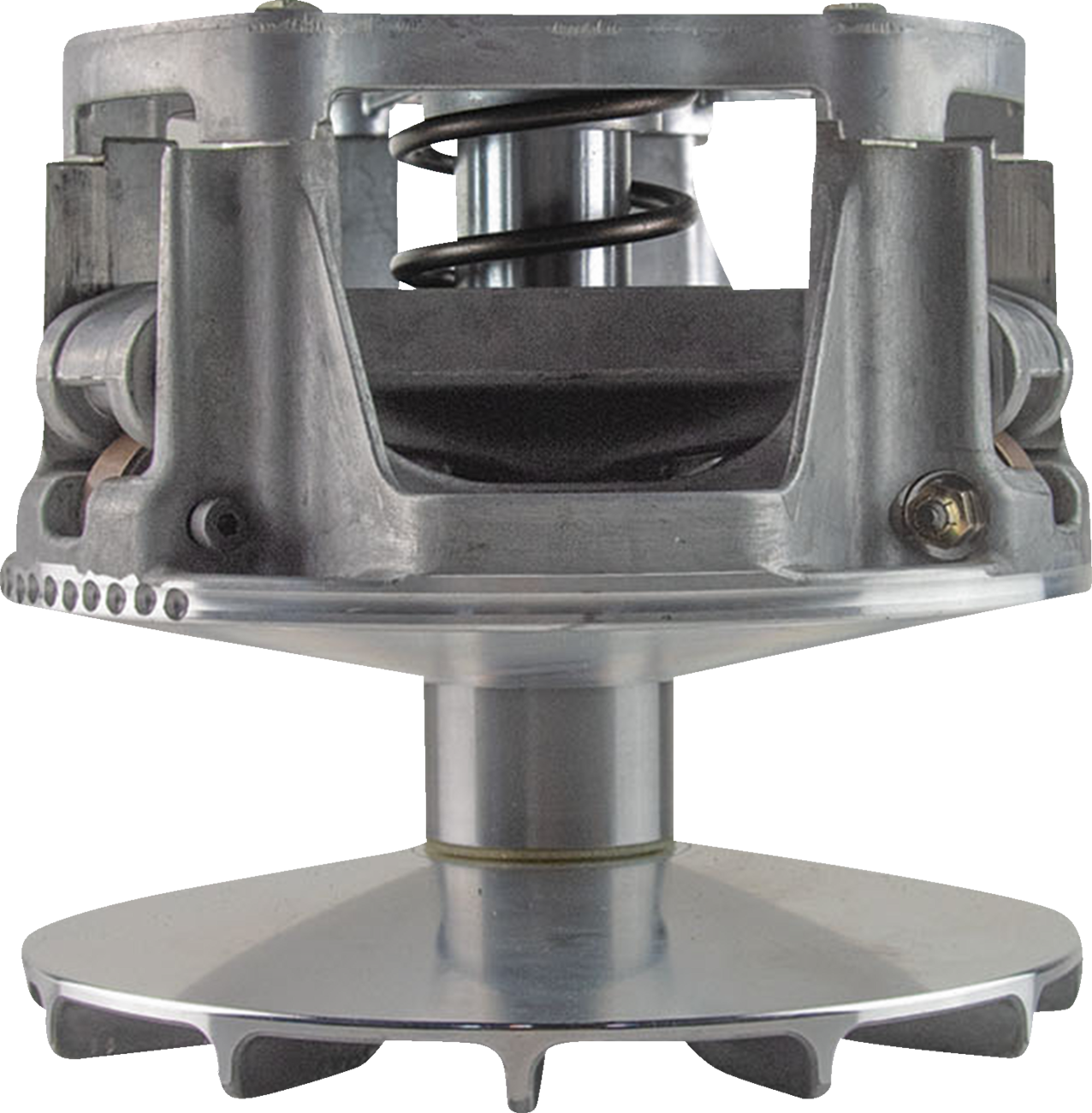Close-up of a metal mechanical component, possibly a clutch or pulley system. The structure has a cylindrical base, a flat round plate at the bottom with a central shaft, visible springs, and machined surfaces, showcasing industrial engineering.