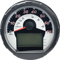 A close-up of a round analog speedometer with a black outer casing, white face, and red needle pointing to zero. Numbers 0–70 indicate speed in MPH. Below the needle is a rectangular digital display labeled “Tach,” “Trip,” and “Odo,” but the screen is bla