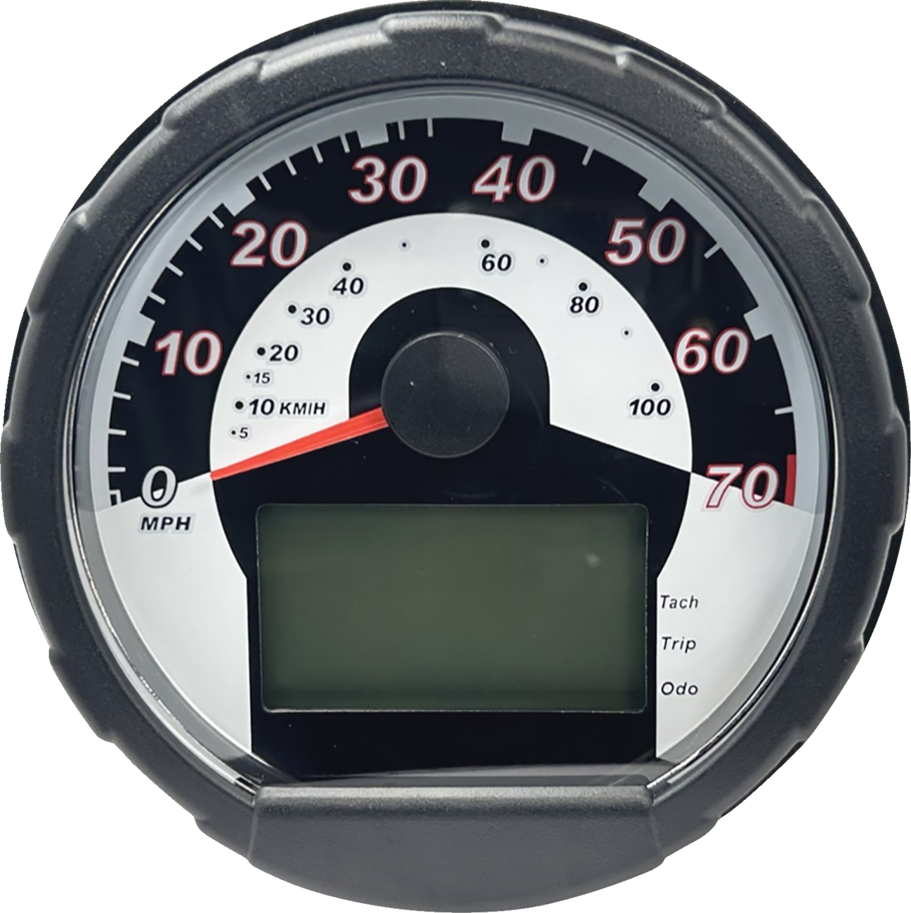 A close-up of a round analog speedometer with a black outer casing, white face, and red needle pointing to zero. Numbers 0–70 indicate speed in MPH. Below the needle is a rectangular digital display labeled “Tach,” “Trip,” and “Odo,” but the screen is bla