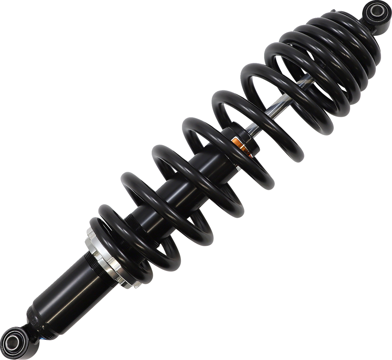 A close-up image of a black coil spring shock absorber, showing a tightly wound helical spring around a cylindrical damper with mounting holes at both ends, isolated on a white background.