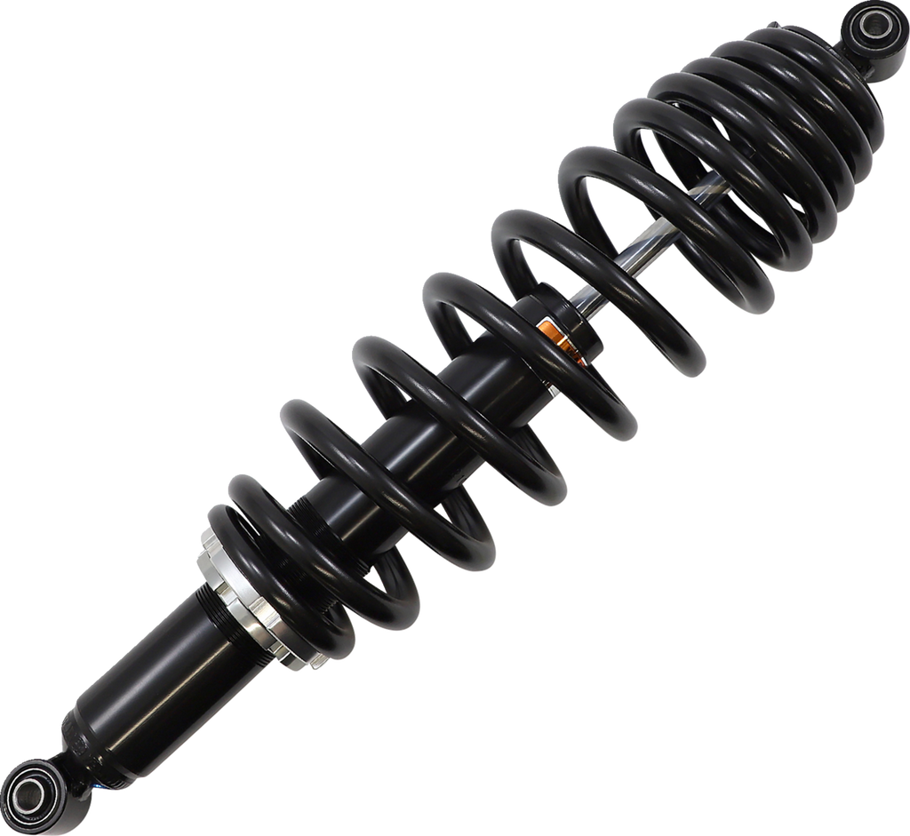 A black metal coil spring shock absorber with silver highlights, viewed at an angle on a white background. The component features a coiled spring wrapped around a cylindrical damper, commonly used in vehicle suspension systems.