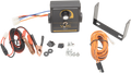 A vehicle speed control kit with wires, a black control box with a dial, orange and blue cables, alligator clips, a metal mounting bracket, various screws, nuts, and connectors, all arranged on a white background.