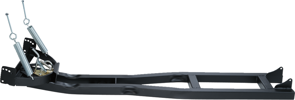 A black metal trailer frame with a rectangular shape, showing mounting points and two large, coiled springs attached near the front end. The frame is photographed on a white background with no additional objects.