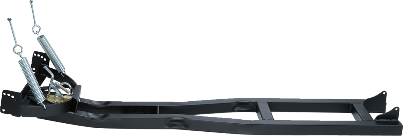 A black metal trailer frame with a rectangular shape, showing mounting points and two large, coiled springs attached near the front end. The frame is photographed on a white background with no additional objects.