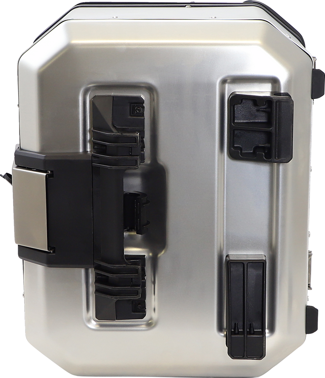 A metallic, rectangular motorcycle pannier case with reinforced black plastic corners, two large black locking latches on the left, and two smaller locks on the right. The surface is smooth and shiny, with angular edges and a modern design.