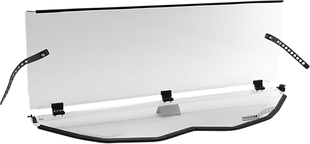 A clear, rectangular windshield with black mounting brackets and adjustable straps along the sides, displayed against a white background. The bottom edge is reinforced with a black gasket, and a Moose logo is visible on the lower right corner.