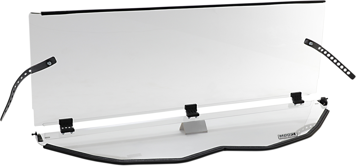 A clear, rectangular windshield with black mounting brackets and adjustable straps along the sides, displayed against a white background. The bottom edge is reinforced with a black gasket, and a Moose logo is visible on the lower right corner.