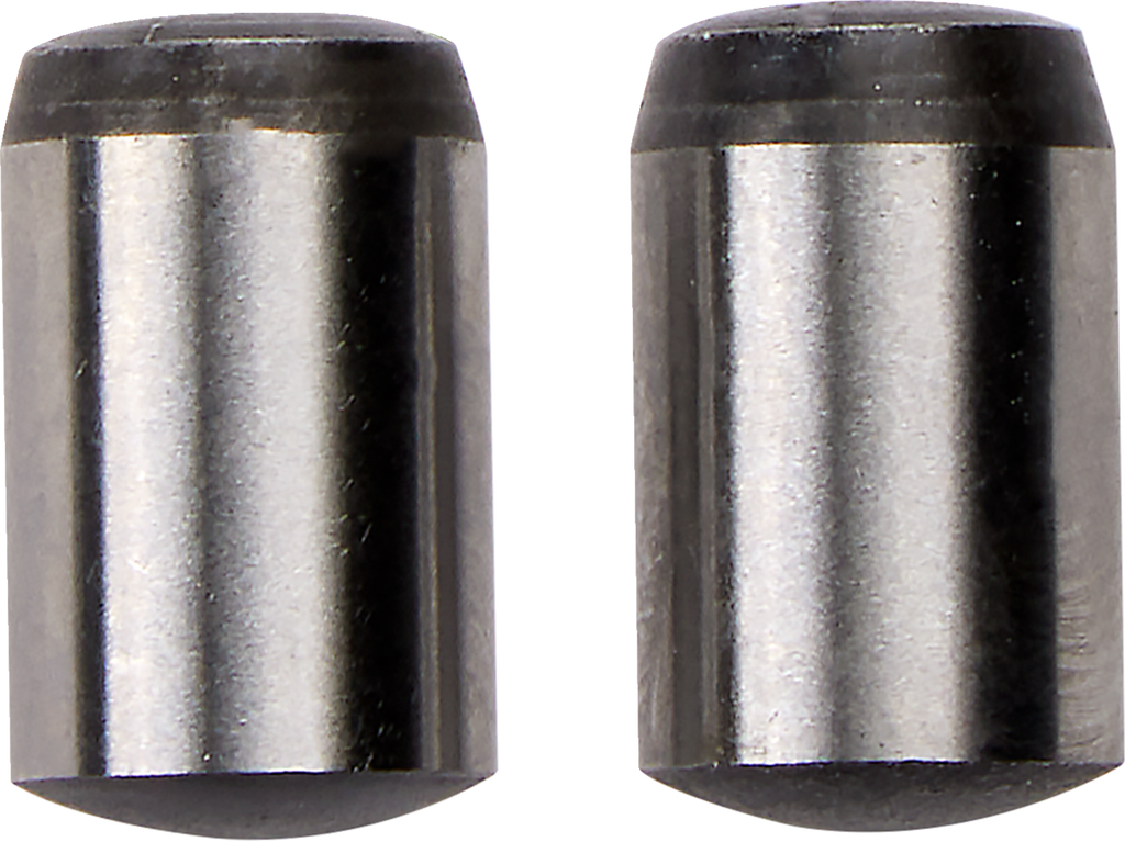 Two identical, cylindrical metal dowel pins stand upright side by side on a white background. Each pin has a shiny, reflective surface and rounded, darker-colored ends. The edges and surfaces appear smooth and polished.