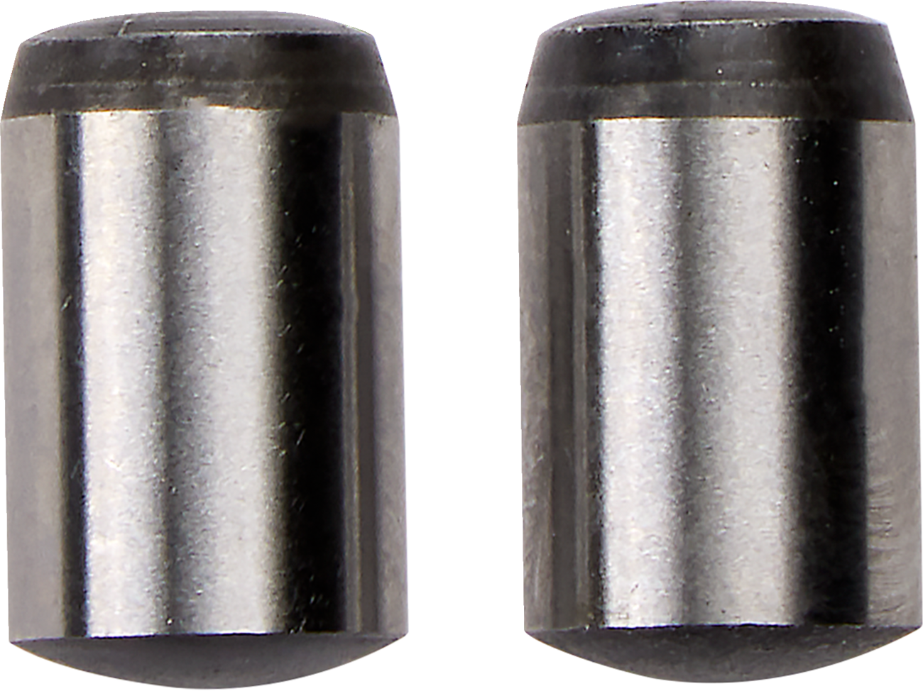 Two identical, cylindrical metal dowel pins stand upright side by side on a white background. Each pin has a shiny, reflective surface and rounded, darker-colored ends. The edges and surfaces appear smooth and polished.