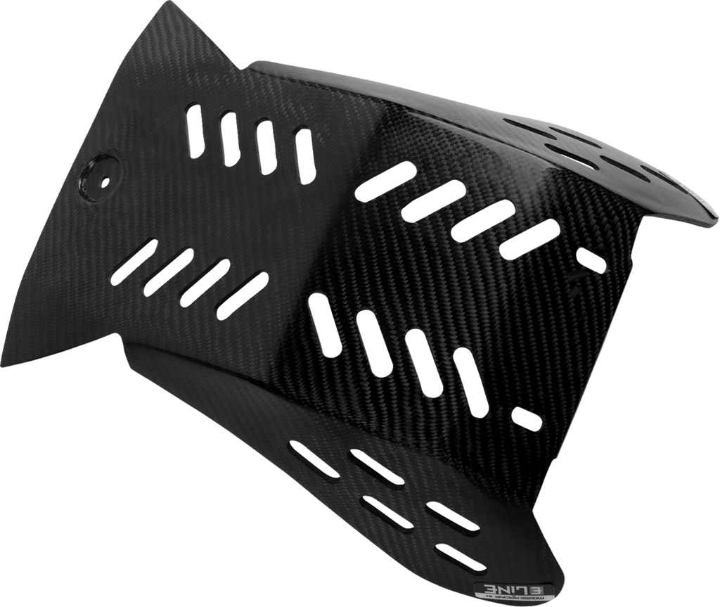 A black carbon fiber motorcycle skid plate with multiple elongated ventilation slots arranged in rows, angular edges, and a glossy, textured surface that highlights the carbon fiber weave pattern. A small ELINE logo is visible on the lower edge.