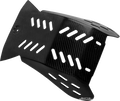 A black carbon fiber motorcycle skid plate with multiple elongated ventilation slots arranged in rows, angular edges, and a glossy, textured surface that highlights the carbon fiber weave pattern. A small ELINE logo is visible on the lower edge.