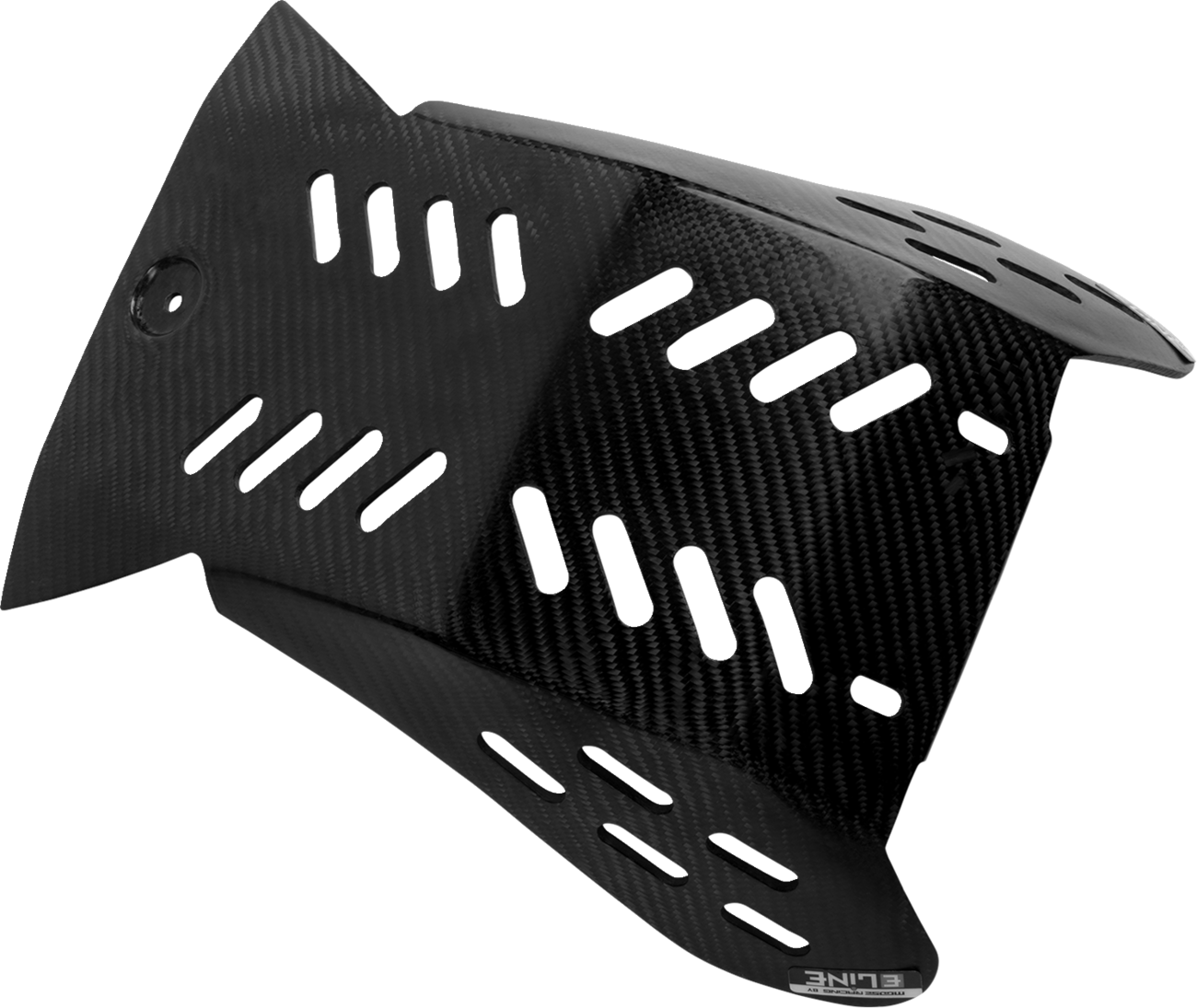 A black carbon fiber motorcycle skid plate with multiple elongated ventilation slots arranged in rows, angular edges, and a glossy, textured surface that highlights the carbon fiber weave pattern. A small ELINE logo is visible on the lower edge.