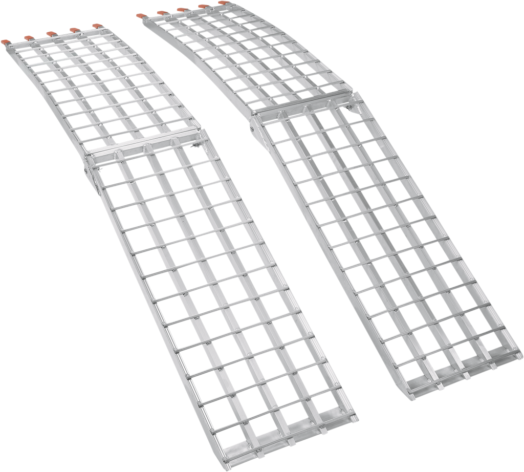 Two folding aluminum loading ramps are pictured. Each ramp has a grid-like surface for traction and orange safety caps at the top ends. The ramps are designed for loading vehicles or equipment onto raised surfaces, such as a truck bed. The background is p