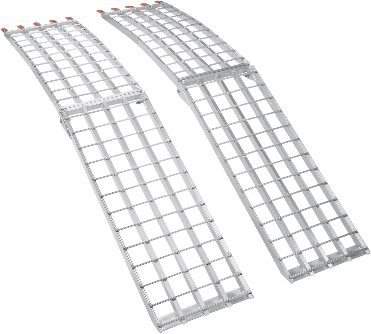 Two folding aluminum loading ramps are pictured. Each ramp has a grid-like surface for traction and orange safety caps at the top ends. The ramps are designed for loading vehicles or equipment onto raised surfaces, such as a truck bed. The background is p