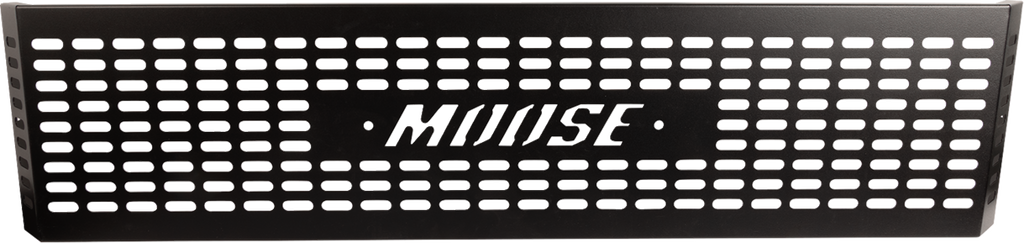 A black rectangular metal panel with rows of horizontal ventilation slots and the word MIUISE cut out in stylized letters in the center. The panel has two small circular holes beside the text, and is likely a vent cover or grille.