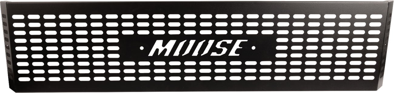 A black rectangular metal panel with rows of horizontal ventilation slots and the word MIUISE cut out in stylized letters in the center. The panel has two small circular holes beside the text, and is likely a vent cover or grille.
