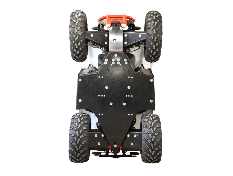 A view of the underside of a Polaris Scrambler 850/1000 fitted with the Skid plate full set (plastic), showing large rugged tires, suspension parts, and the black skid plate with bolts. The vehicle is pictured on a plain white background.