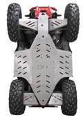 A Polaris Scrambler 850 / 1000 (-2014) ATV is flipped on its back, revealing a Skid plate full set (aluminium) covering the underside. Four rugged tires, bolts, and ventilation slots are visible on the skid plate panels.