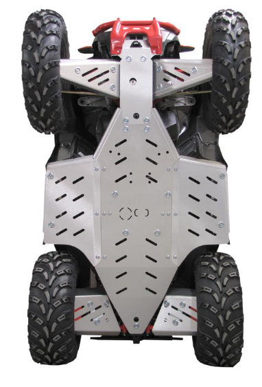 A Polaris Scrambler 850 / 1000 (-2014) ATV is flipped on its back, revealing a Skid plate full set (aluminium) covering the underside. Four rugged tires, bolts, and ventilation slots are visible on the skid plate panels.