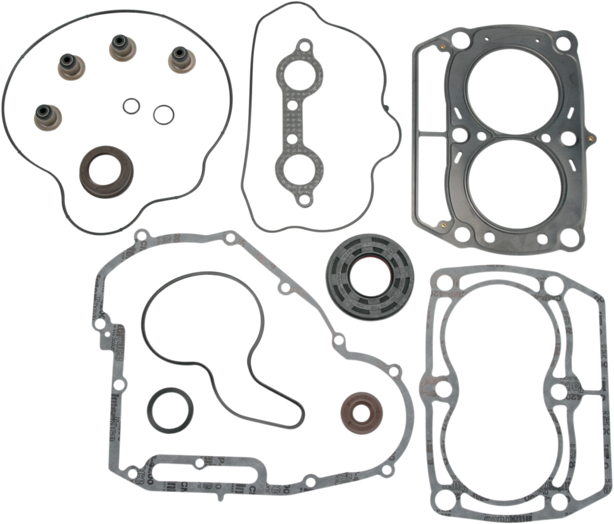 A set of various automotive gaskets and seals, including head gaskets, O-rings, valve stem seals, and circular seals, laid out neatly on a white background. Each piece has a distinct shape and is made from different materials.