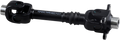 A black automotive driveshaft with universal joints at both ends, metal connectors, and a cylindrical shaft in the center. The shaft features alphanumeric markings and machined grooves, designed for transmitting torque in vehicles.