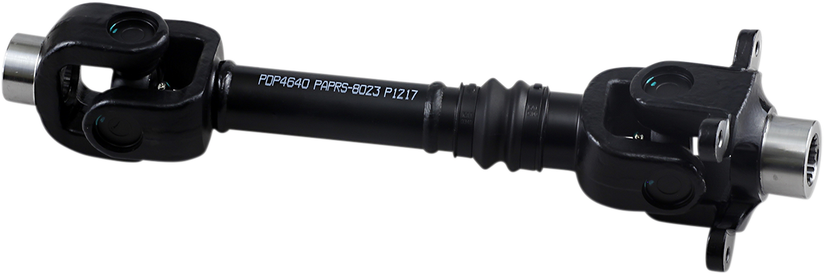 A black automotive driveshaft with universal joints at both ends, metal connectors, and a cylindrical shaft in the center. The shaft features alphanumeric markings and machined grooves, designed for transmitting torque in vehicles.