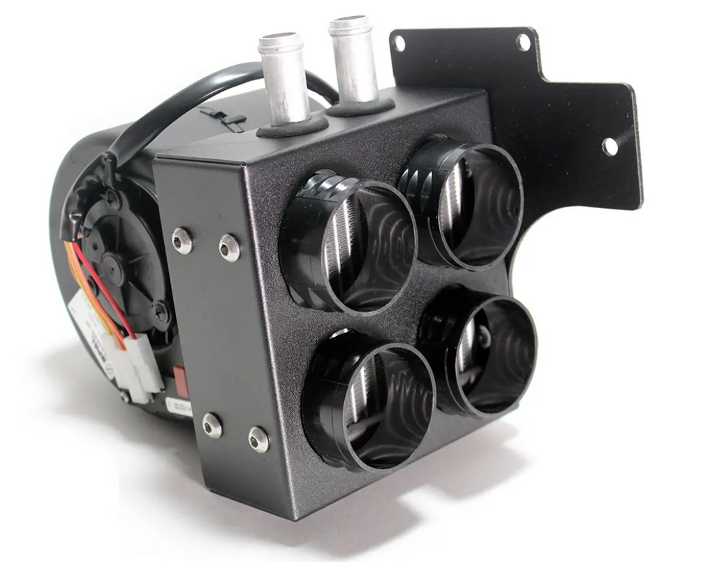 A close-up of the Inferno Cab Heater Kit With Defrost for 2009-current John Deere RSX 860 and 850/XUV 590, showing its black box shape, four vents, metal tubing on top, bracket on the right, exposed wiring, and rear motor component.