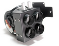 A close-up of the Inferno Cab Heater Kit With Defrost for 2009-current John Deere RSX 860 and 850/XUV 590, showing its black box shape, four vents, metal tubing on top, bracket on the right, exposed wiring, and rear motor component.