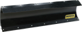 A black metal snow plow blade with bolts along the top and bottom edges. The blade has a curved shape and features a yellow Moose Utility Division logo on the right side. The background is plain white.