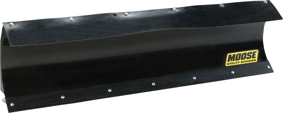 A black metal snow plow blade with bolts along the top and bottom edges. The blade has a curved shape and features a yellow Moose Utility Division logo on the right side. The background is plain white.