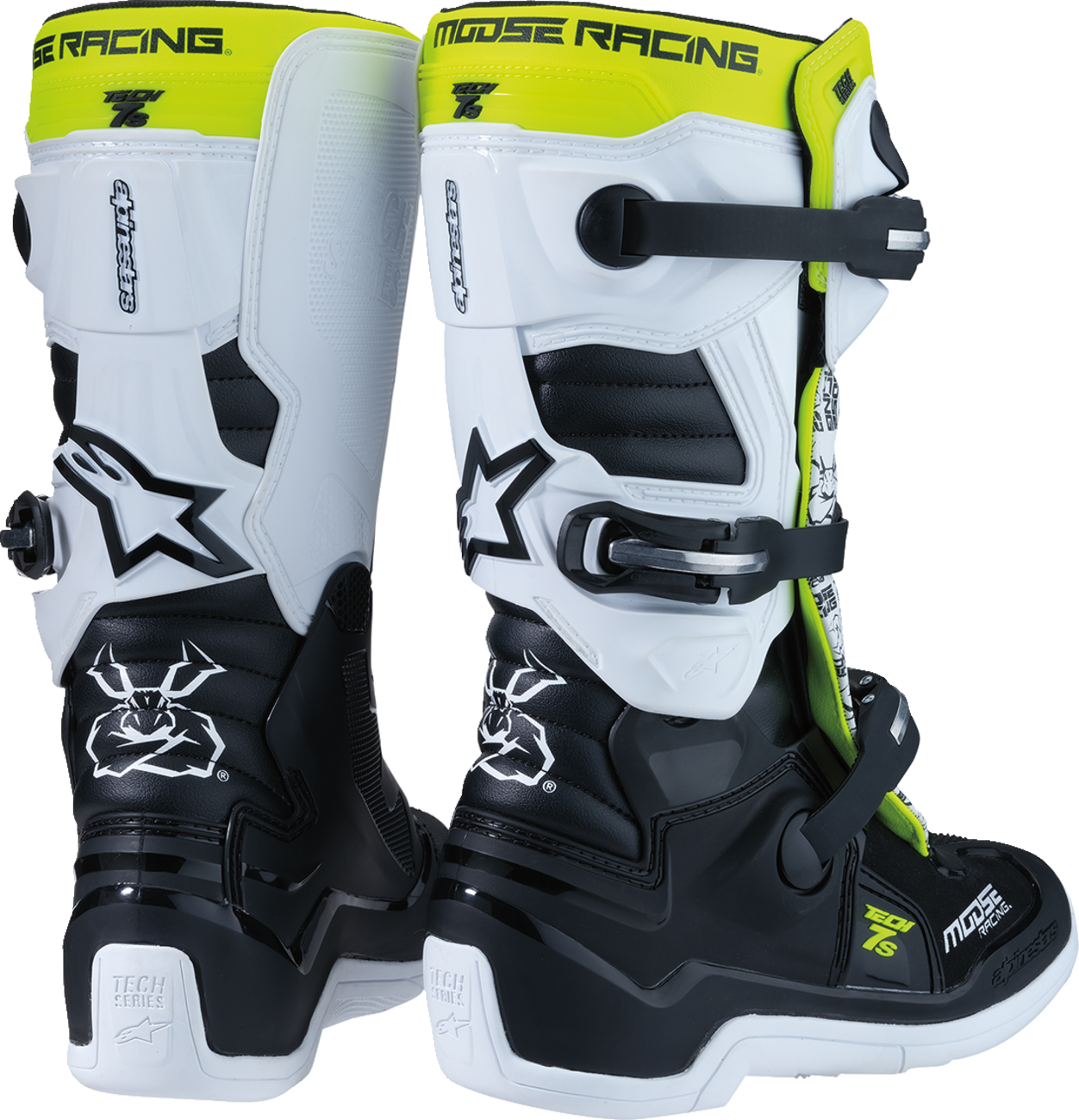 Two black, white, and neon yellow motocross boots with MOOSE RACING branding at the top, angular designs, strong buckles, and reinforced soles. One boot is shown from the back and the other from the front side, highlighting their sturdy construction and g