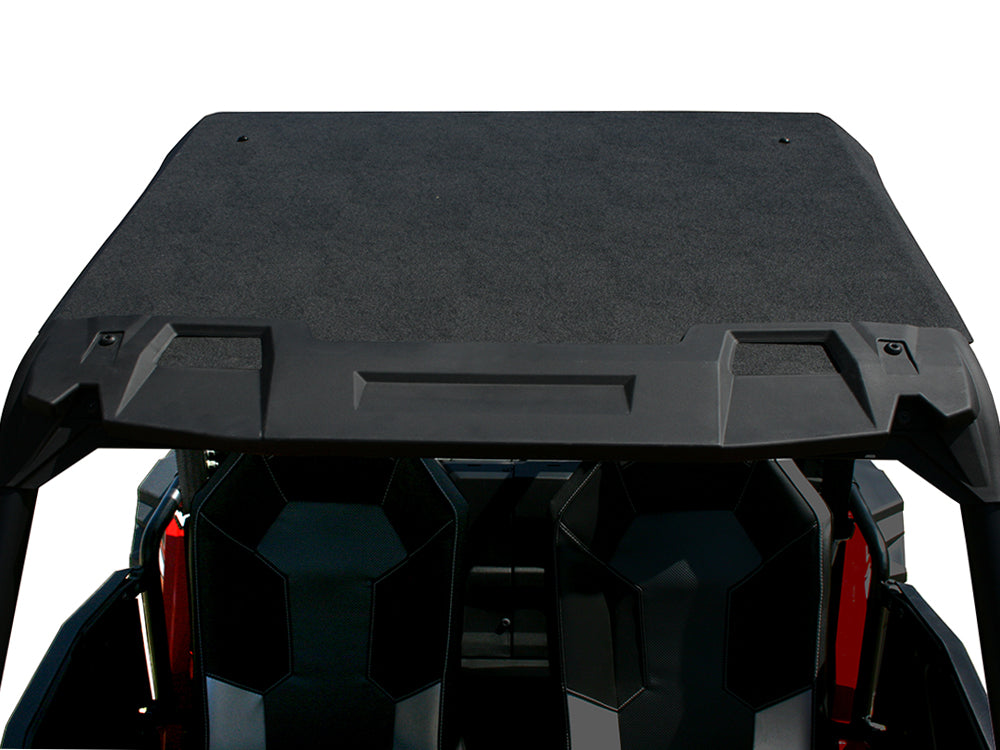 Polaris Rzr 900/1000 ABS Roof, compatible with 2014+ Rzr 1000, 2015+ Rzr 900, and NA Turbo-S, shown installed on a UTV. View from above and behind shows two black seats under the roof and parts of the red frame. White background.
