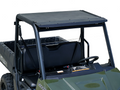 A green Polaris Mid-Size Abs Roof (Pro-Fit Tubing) 2015+ vehicle features a sturdy black roof, open sides, right-side steering wheel, labeled dashboard, two bench seats, and a rear cargo bed. The plain white background highlights its structure.