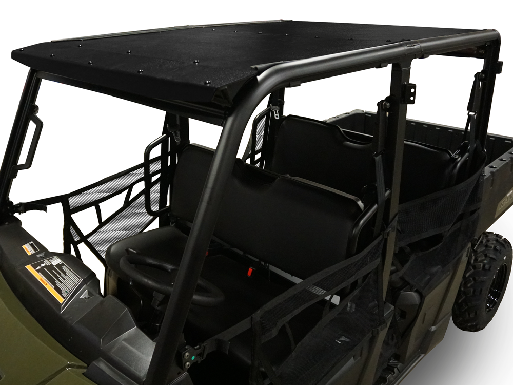 A Polaris Ranger Mid-Size Crew (2015+) with a 2-piece ABS roof (Pro-Fit Tubing), black frame and seats, mesh side netting, and rugged tires; front and interior details visible from an elevated angle.