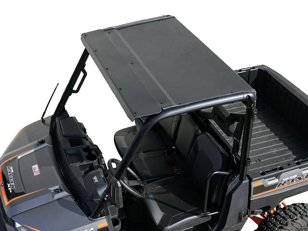 A Roof Polaris Ranger XP900/1000 Full-Size with Pro-Fit Cage (2013-Current) in dark gray, featuring a black roof, two front seats, a steering wheel, open doors, and an empty cargo bed against a white background.