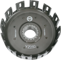 A metal motorcycle clutch basket with evenly spaced rectangular slots around the rim, central circular opening with splines, and engraved markings including YZ250 and serial numbers, photographed against a white background.