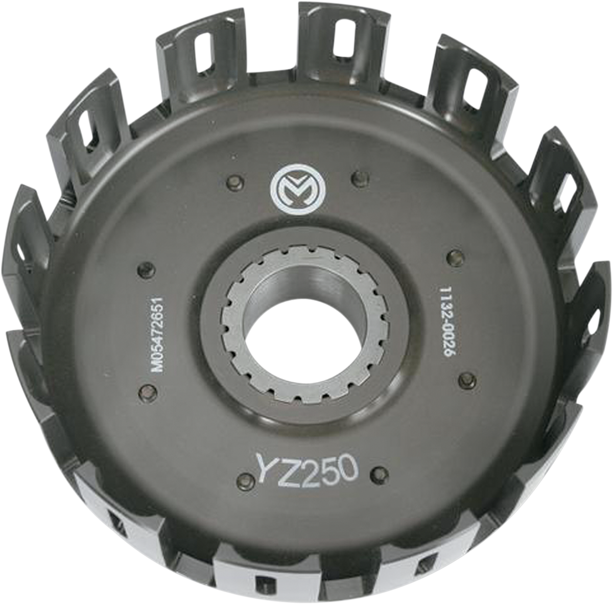 A metal motorcycle clutch basket with evenly spaced rectangular slots around the rim, central circular opening with splines, and engraved markings including YZ250 and serial numbers, photographed against a white background.