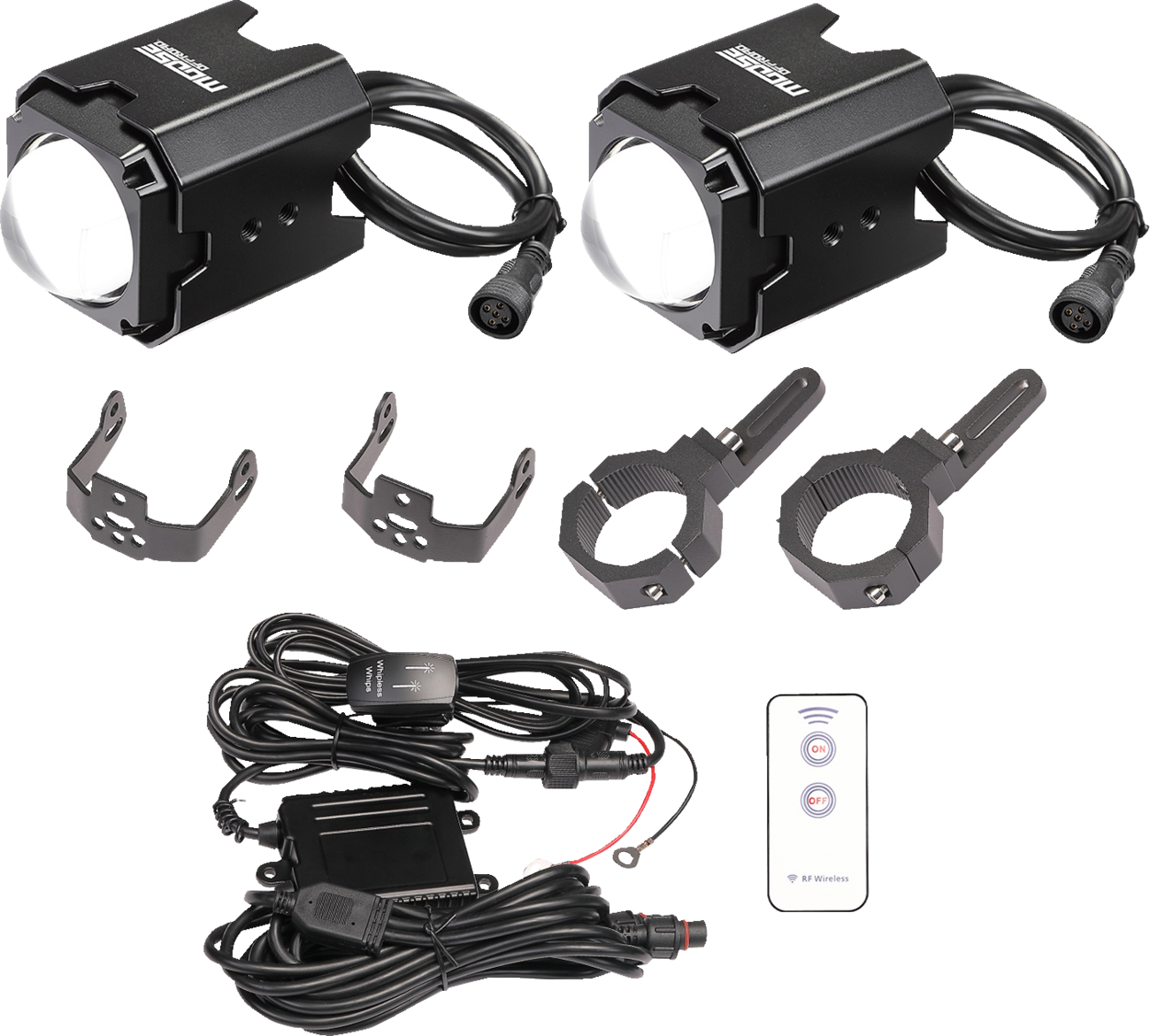 The image shows a motorcycle LED fog light kit, including two black rectangular lights with attached cables, two metal mounting brackets, two circular mounting clamps, a wiring harness with connectors, a control box, and a small remote control.