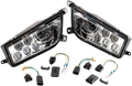 A pair of car LED projector headlights with clear lenses and black housings, displayed side by side. In front of the headlights are wiring harnesses, electrical connectors, and adapters arranged neatly on a white background.