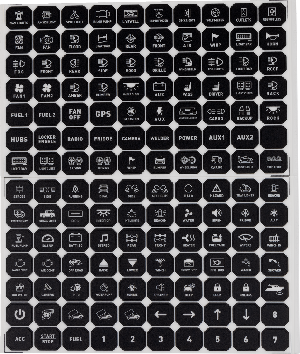 A grid of many black octagonal buttons, each with a white icon and text label showing various car or off-road functions, such as lights, fans, GPS, lockers, winch, fridge, speakers, cameras, and arrows for controls. Each button has a unique symbol.
