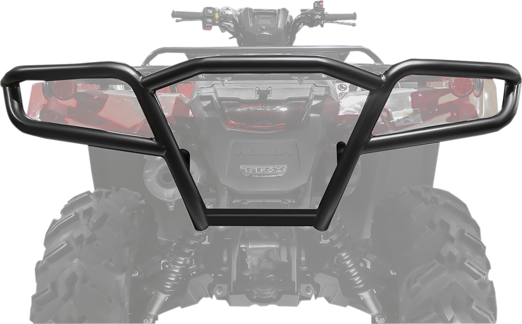 A black metal ATV brush guard is shown in focus, mounted at the rear of a red Honda TRX four-wheeler. The ATV is faded in the background, highlighting the sturdy guard’s structure designed to protect the vehicle’s rear end.