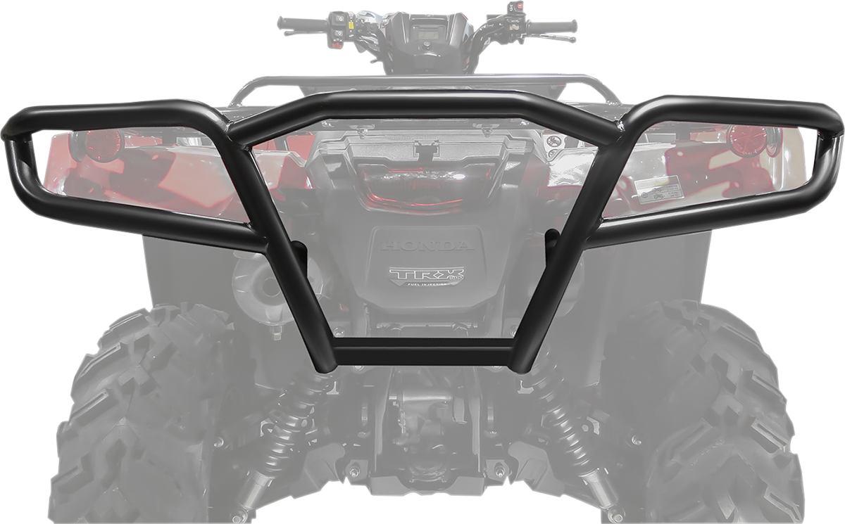 A black metal ATV brush guard is shown in focus, mounted at the rear of a red Honda TRX four-wheeler. The ATV is faded in the background, highlighting the sturdy guard’s structure designed to protect the vehicle’s rear end.