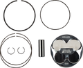A set of engine parts on a white background, including piston rings, two C-clips, a cylindrical piston pin, and a silver piston labeled MOOSE RACING with EXH and 0910-6492 engraved, all arranged in an organized layout.