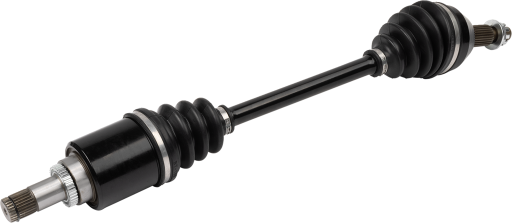 A black automotive CV axle shaft with rubber boots and metal joints at both ends, shown on a light background. The shaft is cylindrical with accordion-like rubber sections near the ends, designed to transfer power while allowing flexible movement.