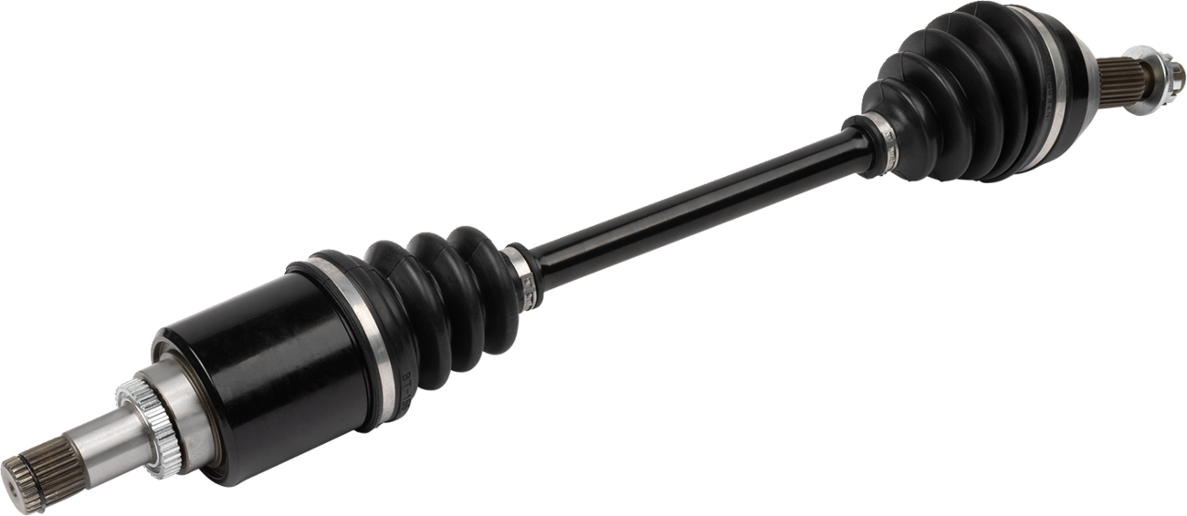 A black automotive CV axle shaft with rubber boots and metal joints at both ends, shown on a light background. The shaft is cylindrical with accordion-like rubber sections near the ends, designed to transfer power while allowing flexible movement.